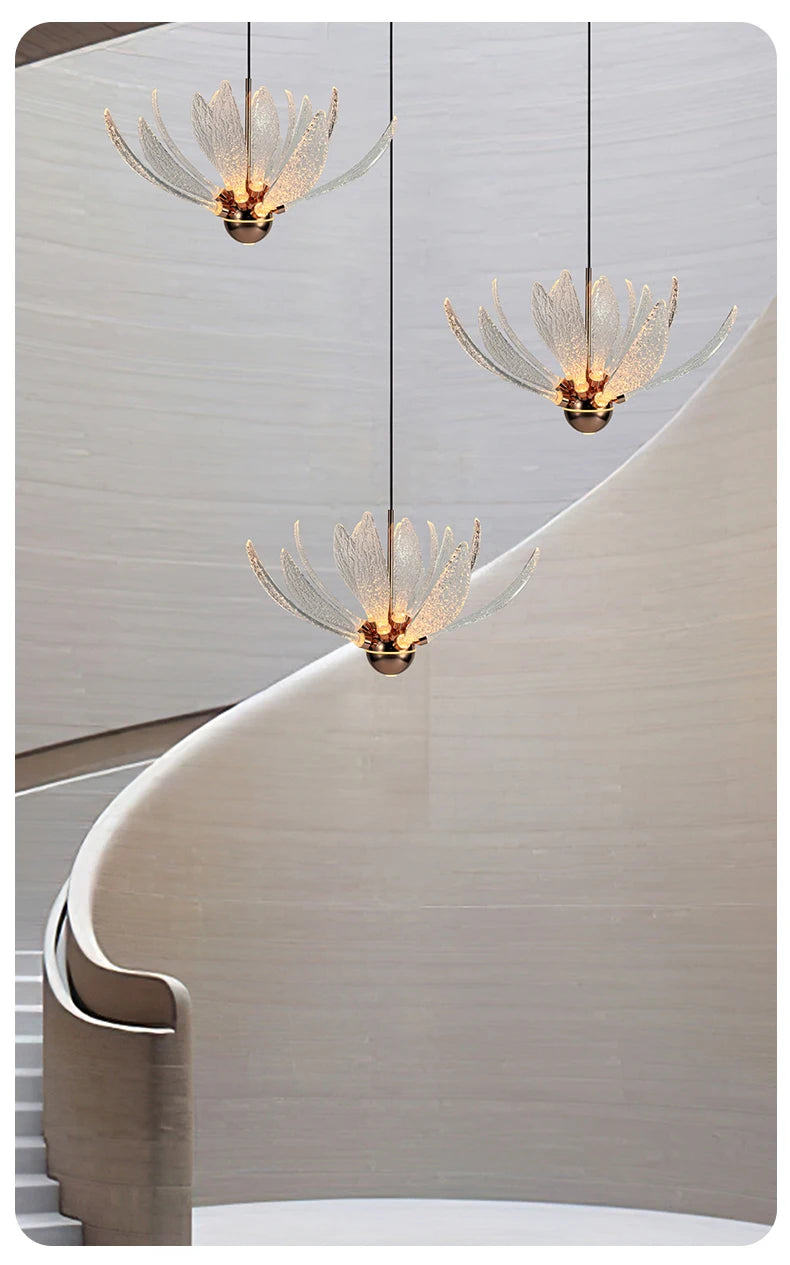 Modern Acrylic Lotus Flower Iron Art LED Chandelier Indoor Lighting Fixture for Dining Room Foyer Hotel Loft Stairs