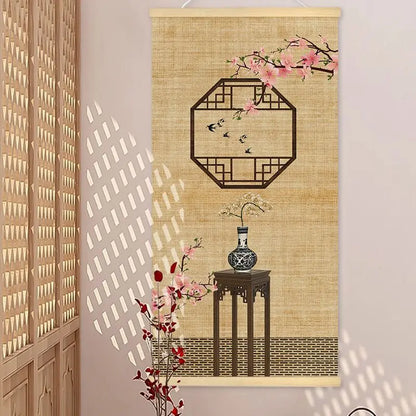 Chinese Bamboo Scroll Tapestry Wall Hanging, Zen Meditation Ink Art for Tea Room Living Room House Decor