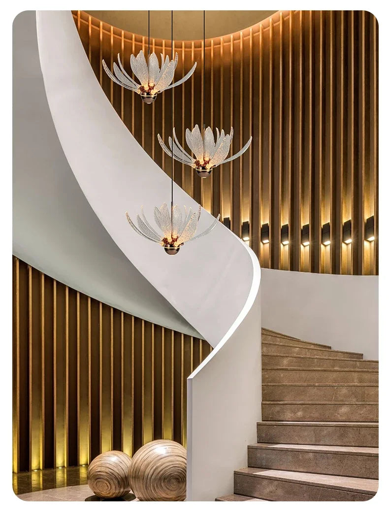 Modern Acrylic Lotus Flower Iron Art LED Chandelier Indoor Lighting Fixture for Dining Room Foyer Hotel Loft Stairs