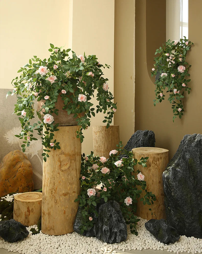 Artificial Green Plant Rose Vine Rattan Garden Home Deco Christmas Tree Props DIY Background Flower Wall Material Window Display
