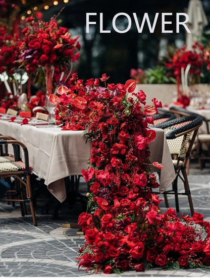Red Rose Anthurium Table Runner Sofa Floor Flower Arrangement Luxuy 5D Wedding Backdrop Decor Flower Row Event Table Centerpiece