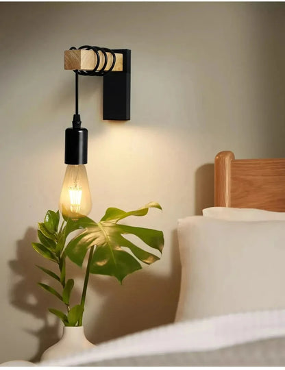Retro Wood LED Wall Lamp E27 220V 110V Industrial Night Loft Light Fixtures Live Room Bedside Lamp Decor for Bathroom Restaurant