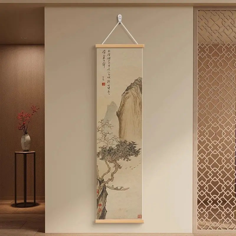Zen Dry Landscape Wall Art, Wooden Frame Ink Painting for Living Room Meditation Decor, Asian Minimalist Scroll Hanging Painting
