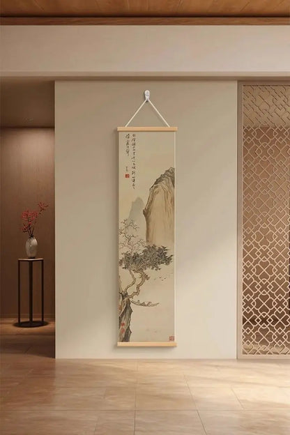 Zen Dry Landscape Wall Art, Wooden Frame Ink Painting for Living Room Meditation Decor, Asian Minimalist Scroll Hanging Painting