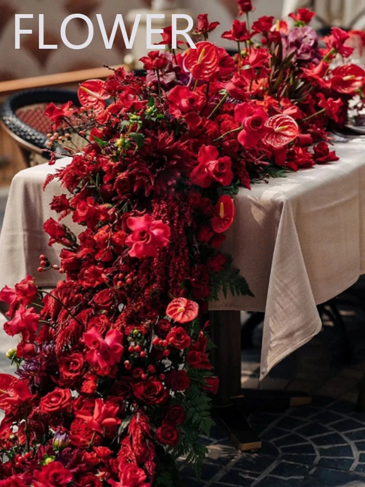 Red Rose Anthurium Table Runner Sofa Floor Flower Arrangement Luxuy 5D Wedding Backdrop Decor Flower Row Event Table Centerpiece
