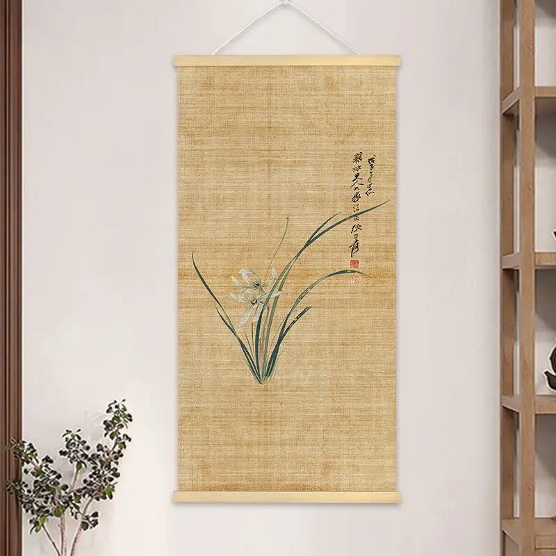 Chinese Bamboo Scroll Tapestry Wall Hanging, Zen Meditation Ink Art for Tea Room Living Room House Decor