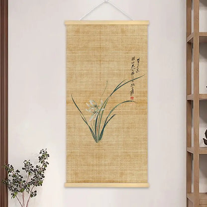 Chinese Bamboo Scroll Tapestry Wall Hanging, Zen Meditation Ink Art for Tea Room Living Room House Decor