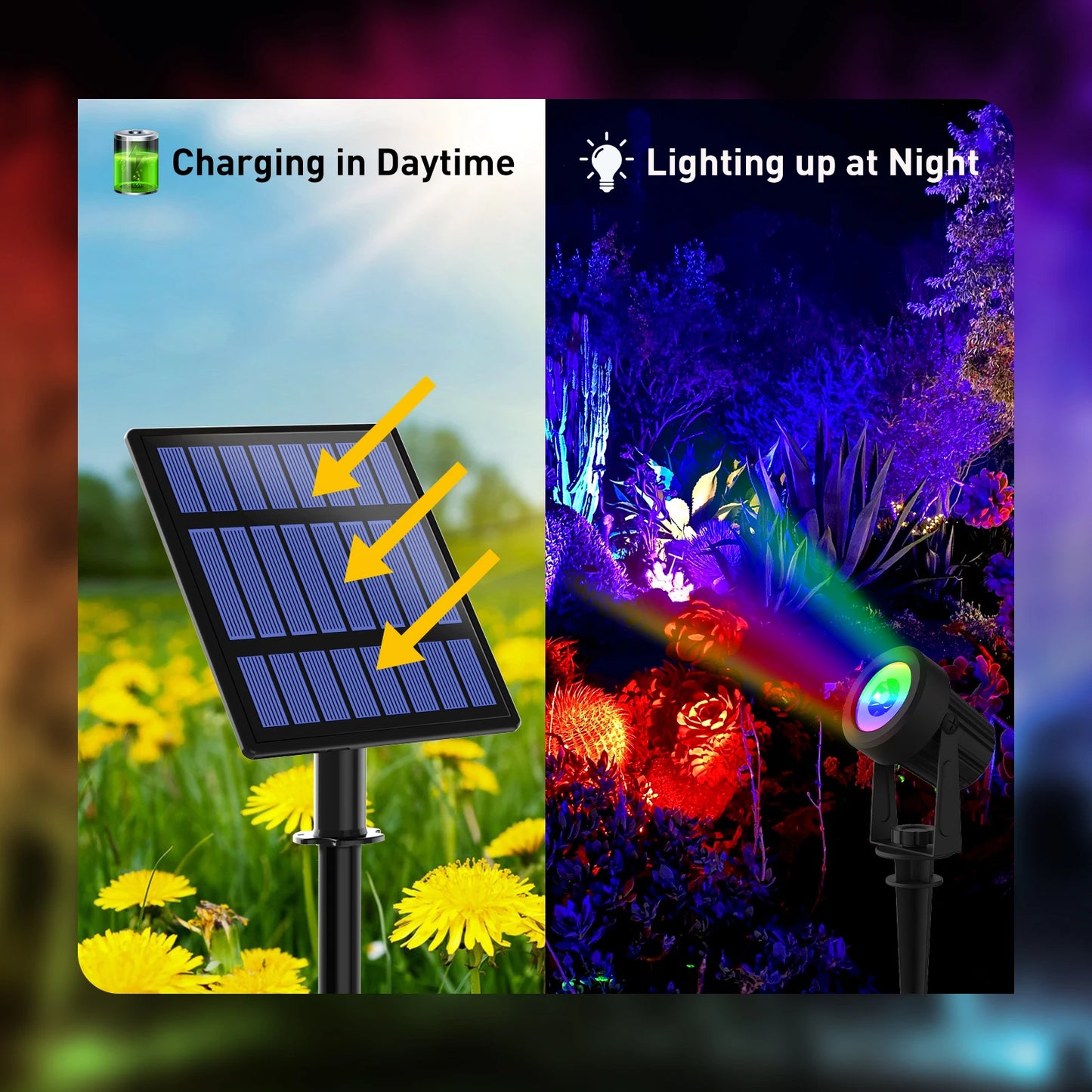 Solar Spot Lights Outdoor LED Solar Garden Lights RGB Color Changing Landscape Lighting Waterproof IP65 Solar Powered Spotlights for Yard Lawn Pathway Driveway Patio Tree Up light Warm White Cold light