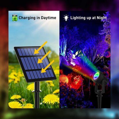 Solar Spot Lights Outdoor LED Solar Garden Lights RGB Color Changing Landscape Lighting Waterproof IP65 Solar Powered Spotlights for Yard Lawn Pathway Driveway Patio Tree Up light Warm White Cold light