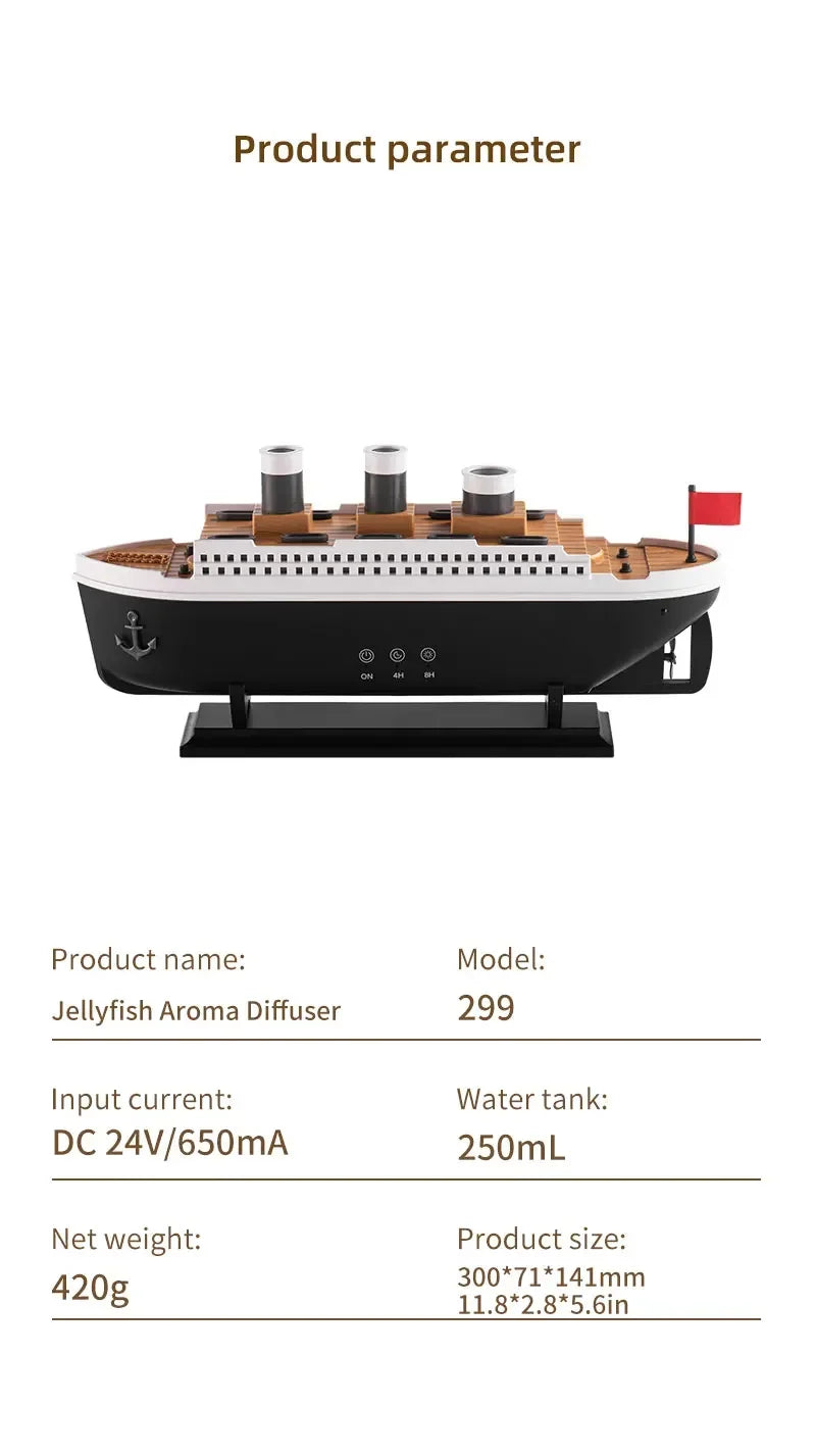 Ship Humidifier Essential Oil Diffuser Aromatherapy Ultrasonic Cool Mist Humidifier LED Night Light Titanic Steamer Boat Diffuser Home Office Bedroom Decor Air Purifier Vaporizer Aroma Diffuser Gift