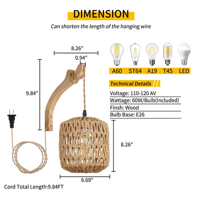 Luxury Rattan Wall Lamp Wooden Woven Sconce Nordic Scandinavian Designer Hanging Light Fixture Indoor Bedroom Living Room Hallway Restaurant Café Bar Hotel Home Decor