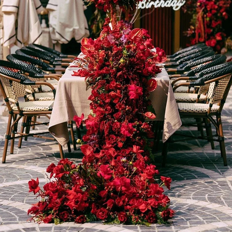 Red Rose Anthurium Table Runner Sofa Floor Flower Arrangement Luxuy 5D Wedding Backdrop Decor Flower Row Event Table Centerpiece