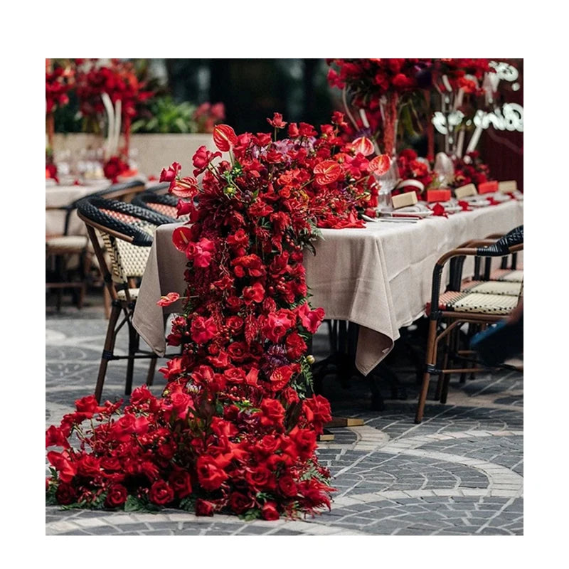 Red Rose Anthurium Table Runner Sofa Floor Flower Arrangement Luxuy 5D Wedding Backdrop Decor Flower Row Event Table Centerpiece