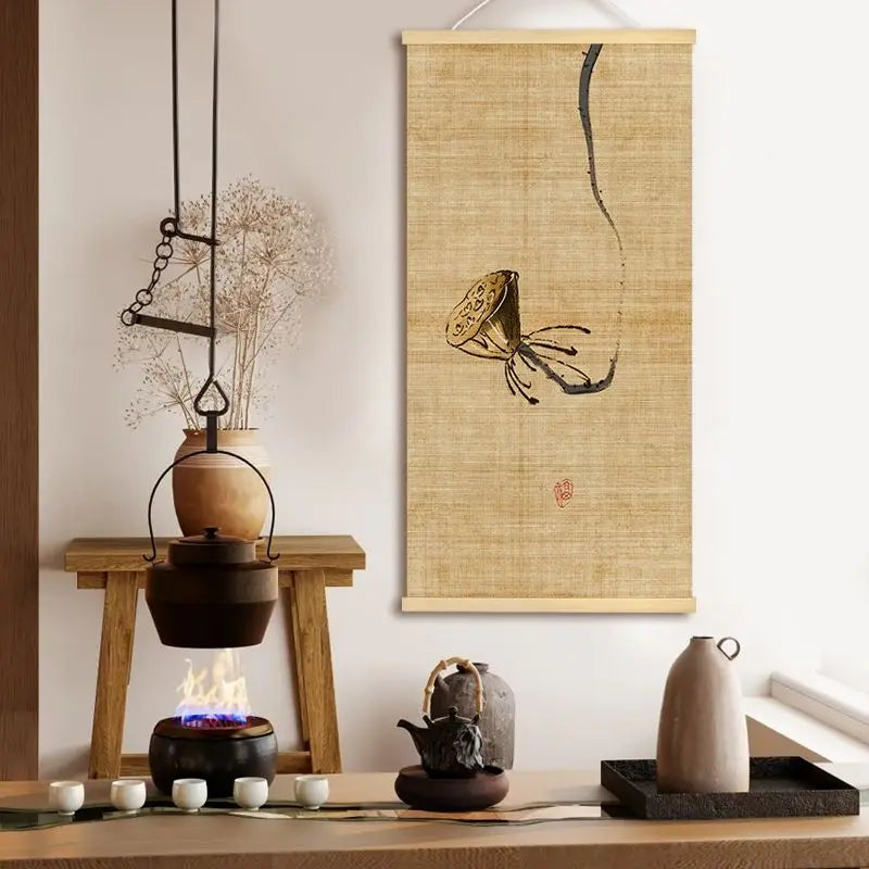 Chinese Bamboo Scroll Tapestry Wall Hanging, Zen Meditation Ink Art for Tea Room Living Room House Decor