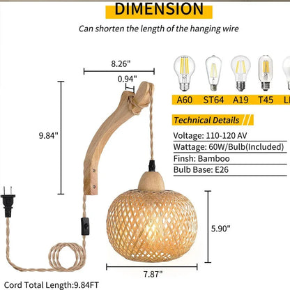 Luxury Rattan Wall Lamp Wooden Woven Sconce Nordic Scandinavian Designer Hanging Light Fixture Indoor Bedroom Living Room Hallway Restaurant Café Bar Hotel Home Decor