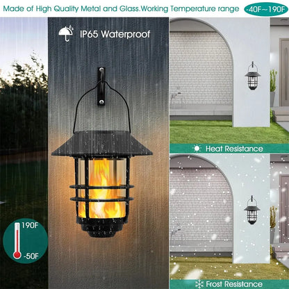 Solar Lantern Outdoor Hanging Lantern Flickering Flame Solar Lights Waterproof IP44 Garden Lights Patio Lights Porch Lights Wall Mounted Fence Lights Dusk to Dawn Auto On Off LED Lantern Decorative Outdoor Lighting Warm Light