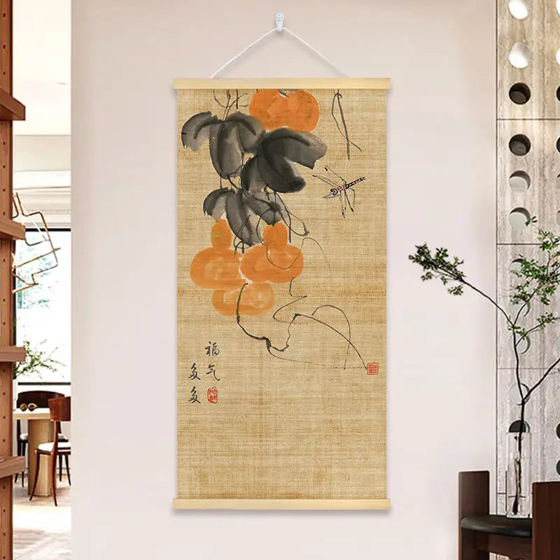 Chinese Bamboo Scroll Tapestry Wall Hanging, Zen Meditation Ink Art for Tea Room Living Room House Decor