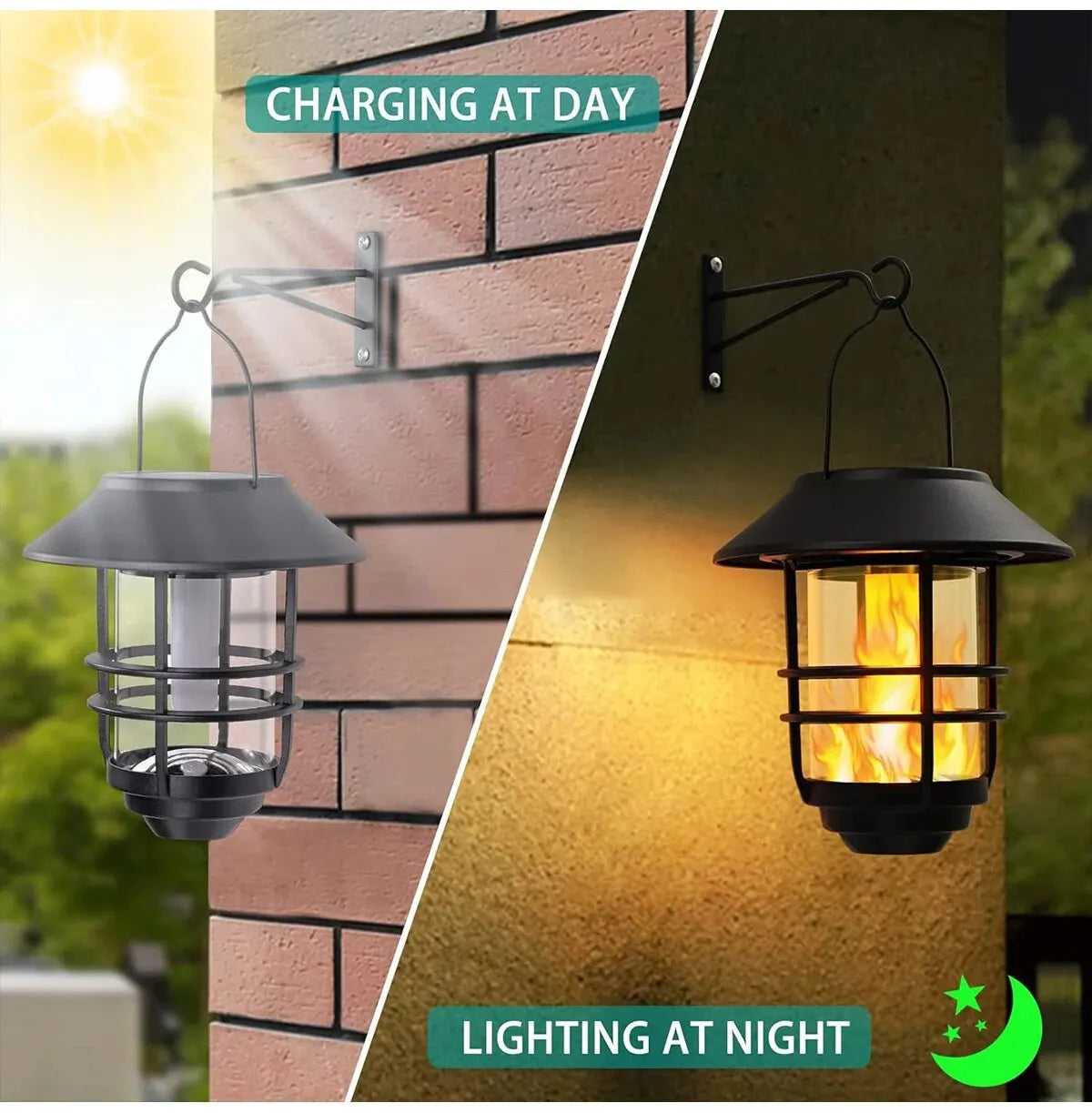 Solar Lantern Outdoor Hanging Lantern Flickering Flame Solar Lights Waterproof IP44 Garden Lights Patio Lights Porch Lights Wall Mounted Fence Lights Dusk to Dawn Auto On Off LED Lantern Decorative Outdoor Lighting Warm Light
