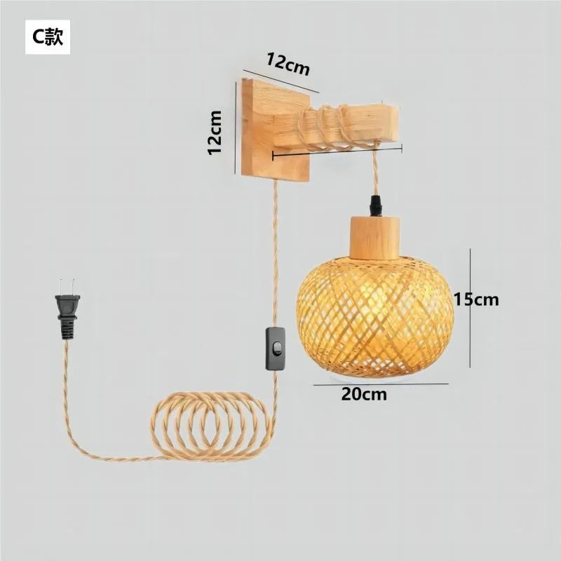 Luxury Rattan Wall Lamp Wooden Woven Sconce Nordic Scandinavian Designer Hanging Light Fixture Indoor Bedroom Living Room Hallway Restaurant Café Bar Hotel Home Decor