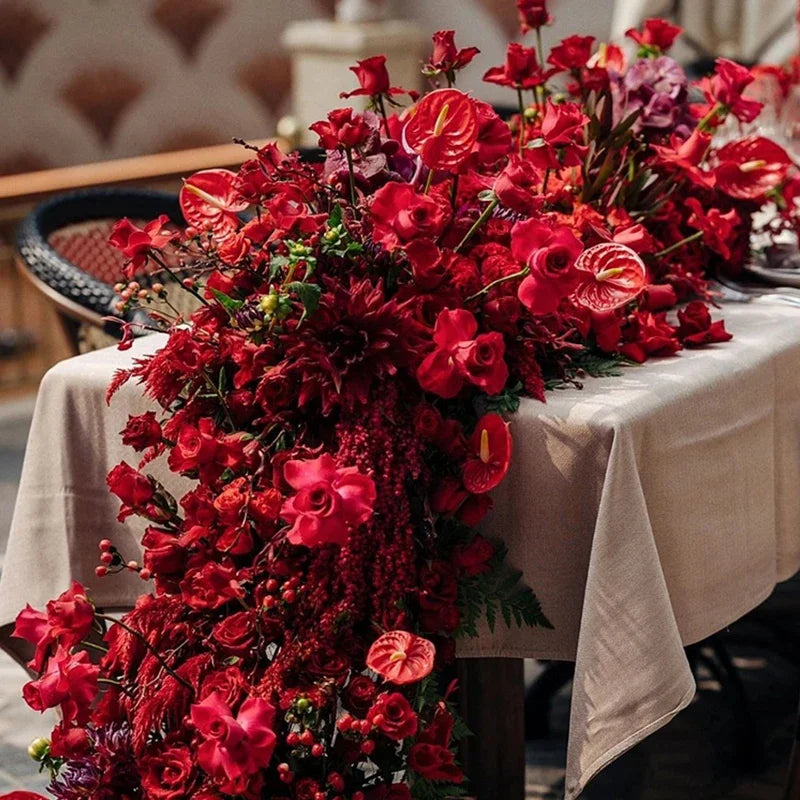 Red Rose Anthurium Table Runner Sofa Floor Flower Arrangement Luxuy 5D Wedding Backdrop Decor Flower Row Event Table Centerpiece
