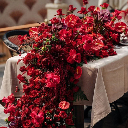 Red Rose Anthurium Table Runner Sofa Floor Flower Arrangement Luxuy 5D Wedding Backdrop Decor Flower Row Event Table Centerpiece