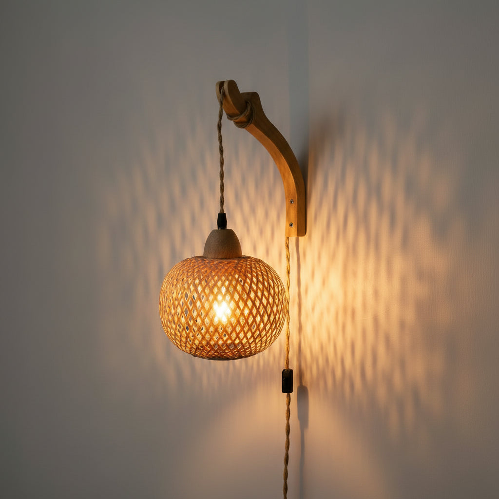 Luxury Rattan Wall Lamp Wooden Woven Sconce Nordic Scandinavian Designer Hanging Light Fixture Indoor Bedroom Living Room Hallway Restaurant Café Bar Hotel Home Decor