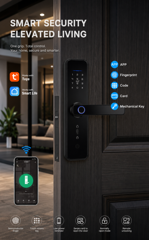 Smart Door Lock Smart Lock on Door Bluetooth Fingerprint RFID Card Password Keypad Electronic Keyless Entry Digital Tuya APP Home Office Security